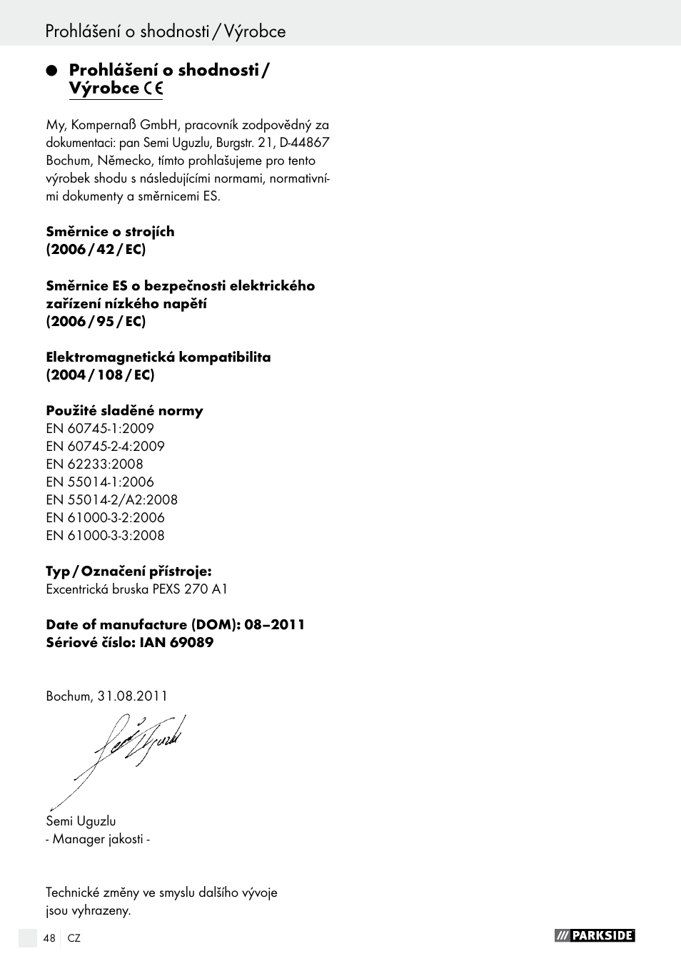 Prohlášení o shodnosti / výrobce | Parkside PEXS 270 A1 User Manual | Page 48 / 66
