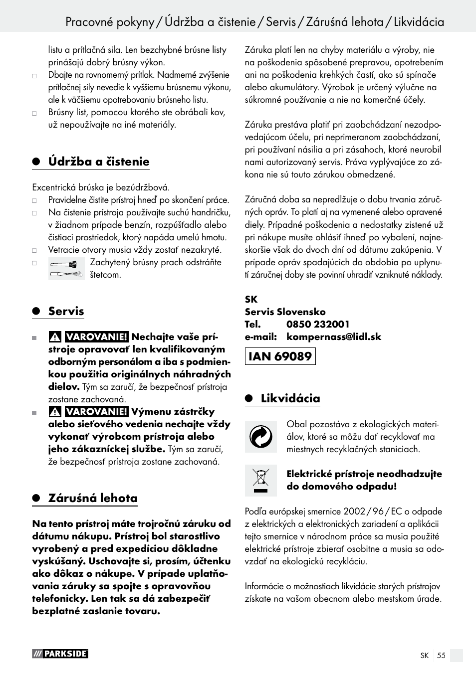 Údržba a čistenie, Servis, Záruśná lehota | Likvidácia | Parkside PEXS 270 A1 User Manual | Page 55 / 66