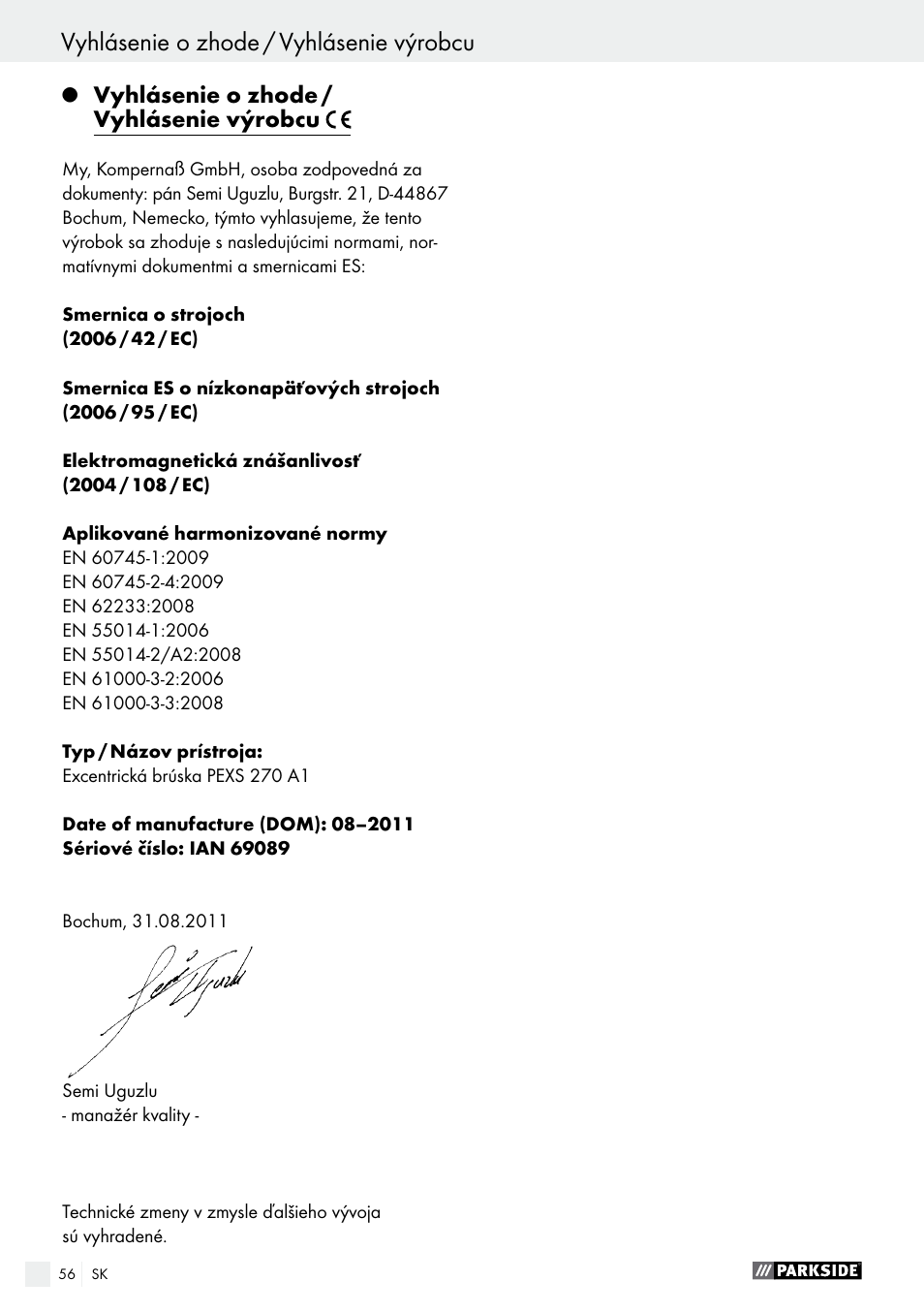 Vyhlásenie o zhode / vyhlásenie výrobcu | Parkside PEXS 270 A1 User Manual | Page 56 / 66