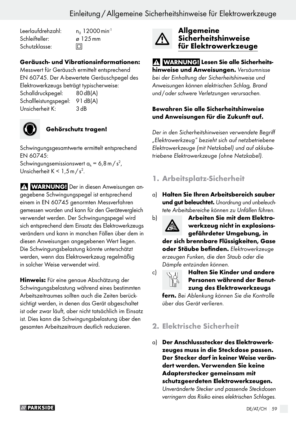 Arbeitsplatz-sicherheit, Elektrische sicherheit | Parkside PEXS 270 A1 User Manual | Page 59 / 66