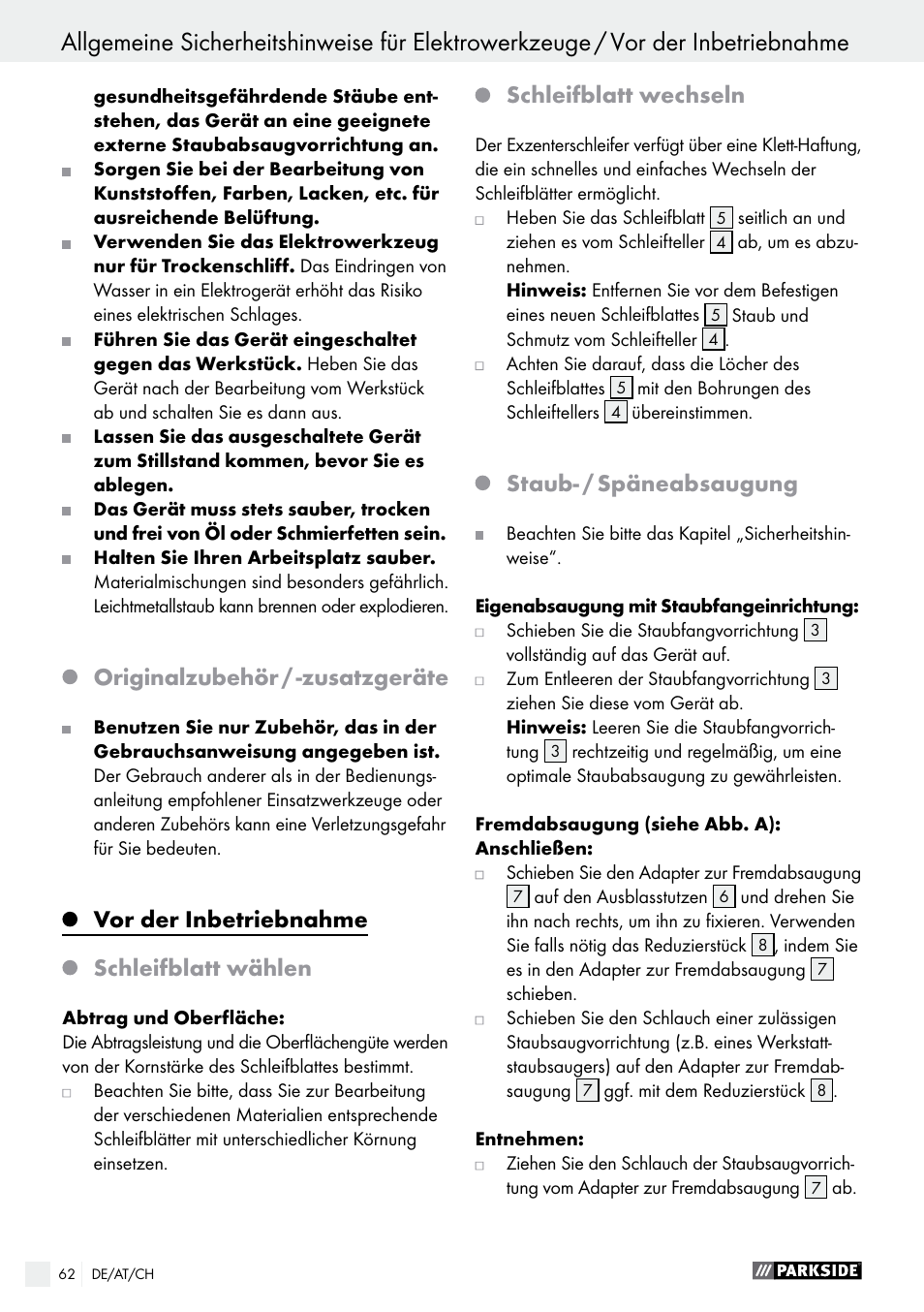 Originalzubehör / -zusatzgeräte, Vor der inbetriebnahme, Schleifblatt wählen | Schleifblatt wechseln, Staub- / späneabsaugung | Parkside PEXS 270 A1 User Manual | Page 62 / 66
