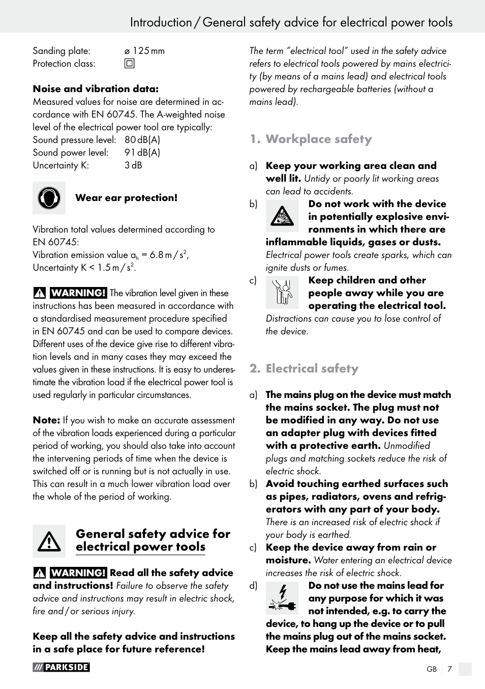 General safety advice for electrical power tools, Workplace safety, Electrical safety | Parkside PEXS 270 A1 User Manual | Page 7 / 66