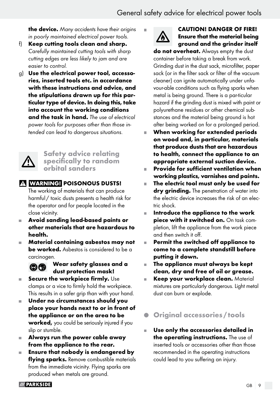 General safety advice for electrical power tools, Original accessories / tools | Parkside PEXS 270 A1 User Manual | Page 9 / 66