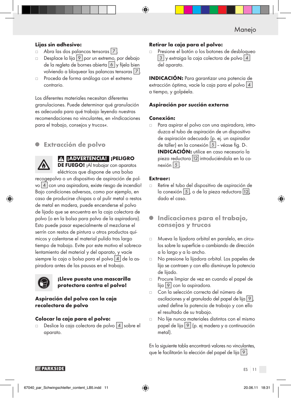 Manejo, Extracción de polvo, Indicaciones para el trabajo, consejos y trucos | Parkside PSS 250 A1 User Manual | Page 12 / 55