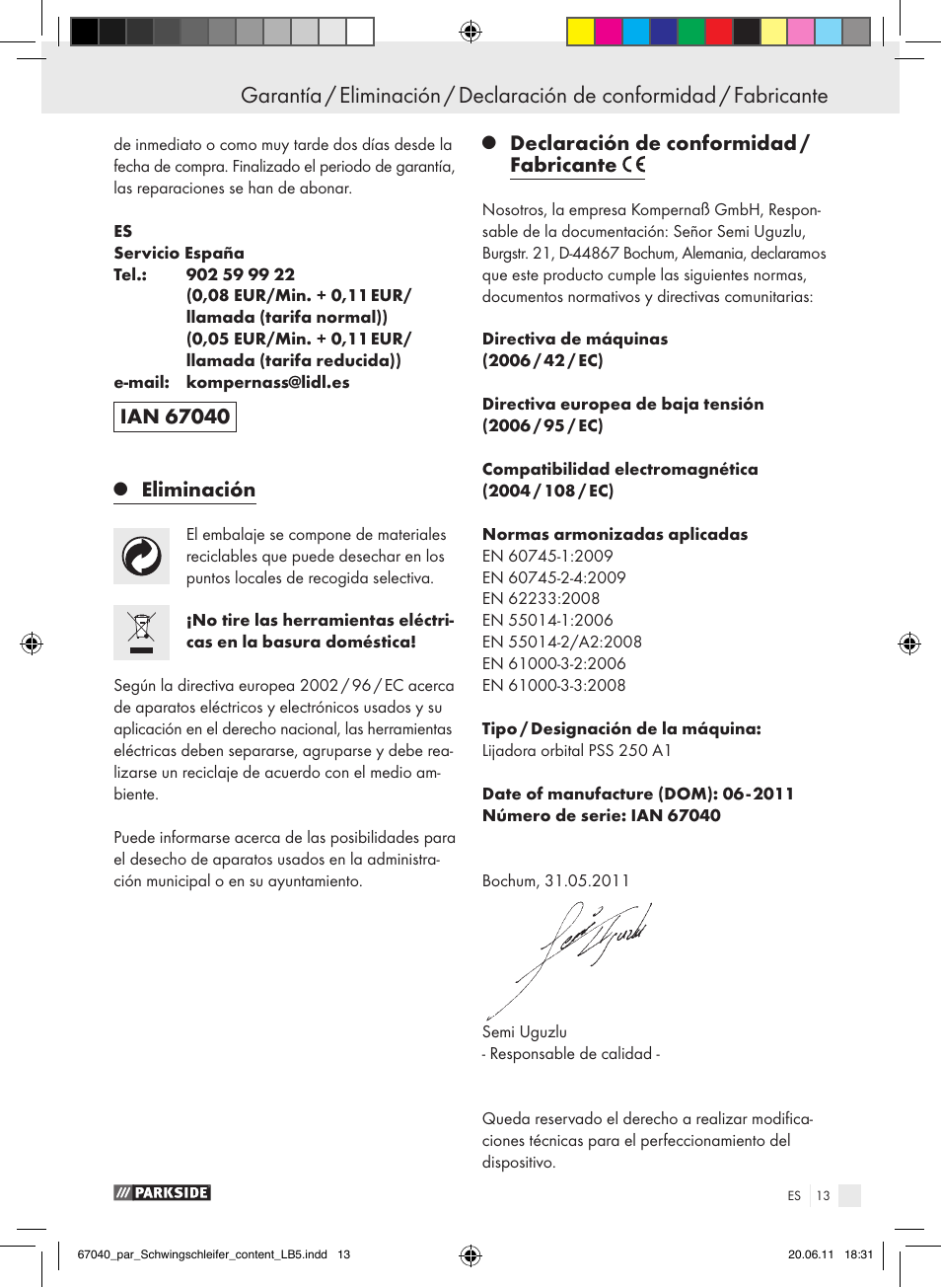 Eliminación, Declaración de conformidad / fabricante | Parkside PSS 250 A1 User Manual | Page 14 / 55