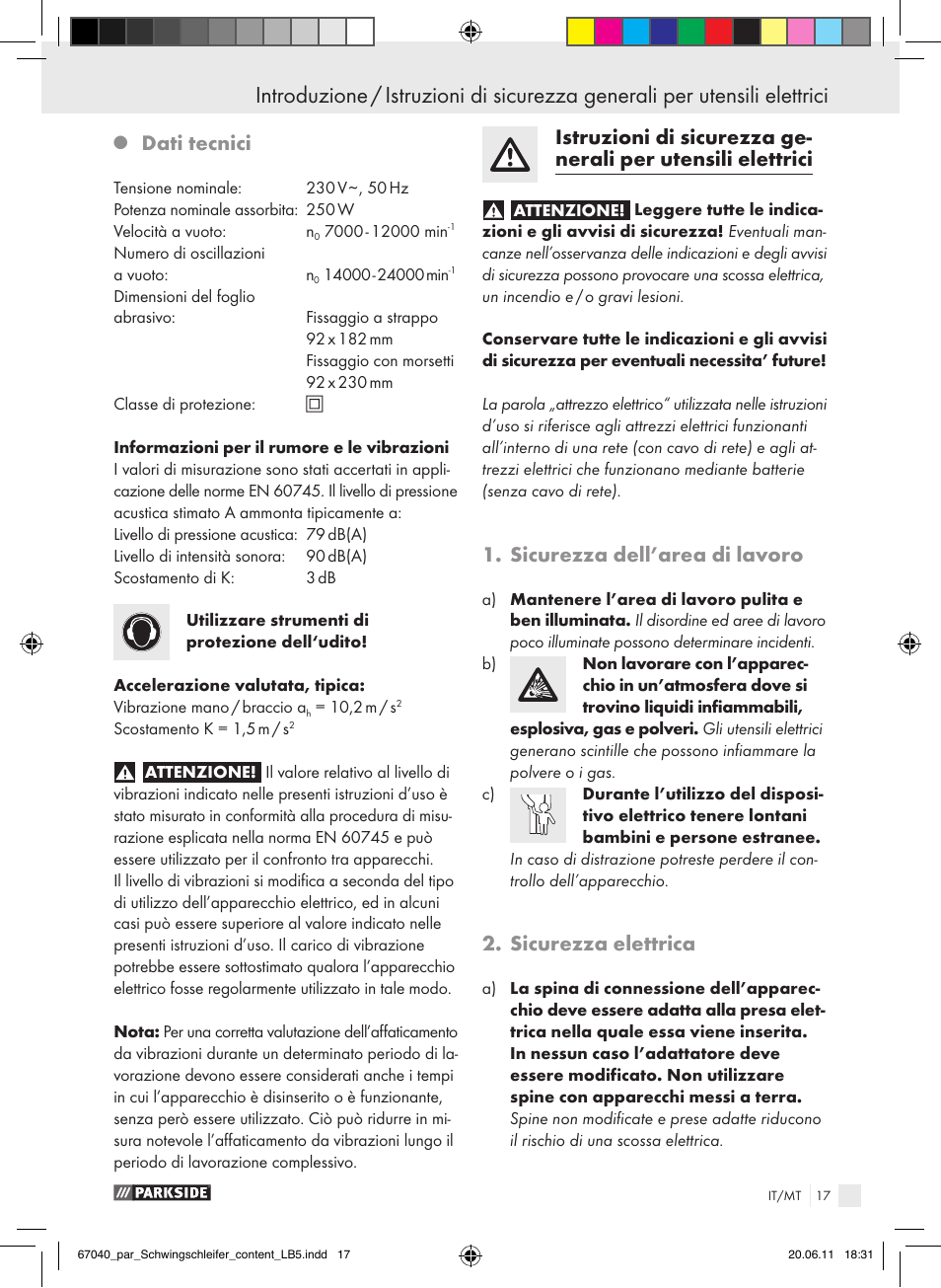 Dati tecnici, Sicurezza dell’area di lavoro, Sicurezza elettrica | Parkside PSS 250 A1 User Manual | Page 18 / 55