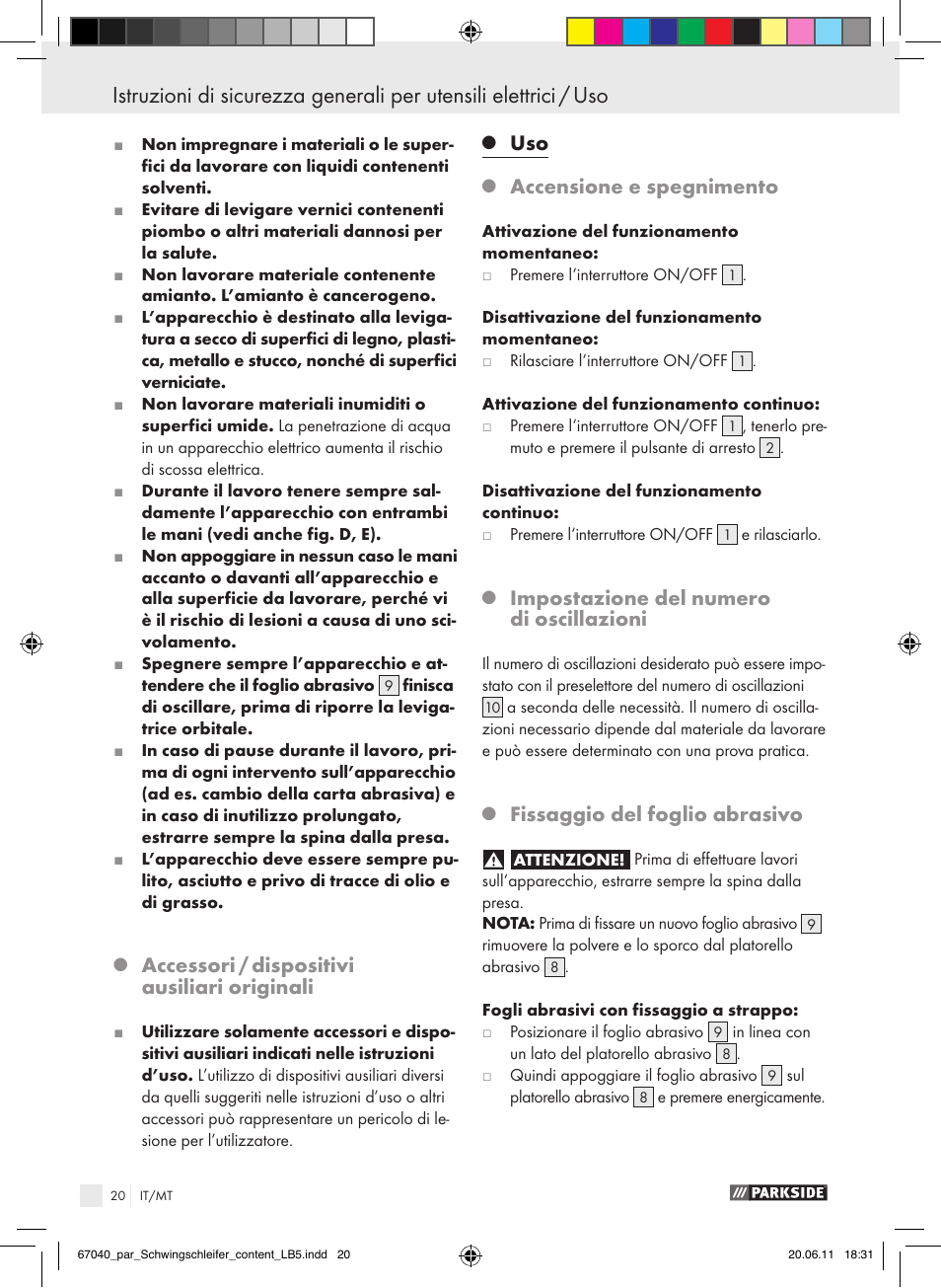 Accessori / dispositivi ausiliari originali, Accensione e spegnimento, Impostazione del numero di oscillazioni | Fissaggio del foglio abrasivo | Parkside PSS 250 A1 User Manual | Page 21 / 55