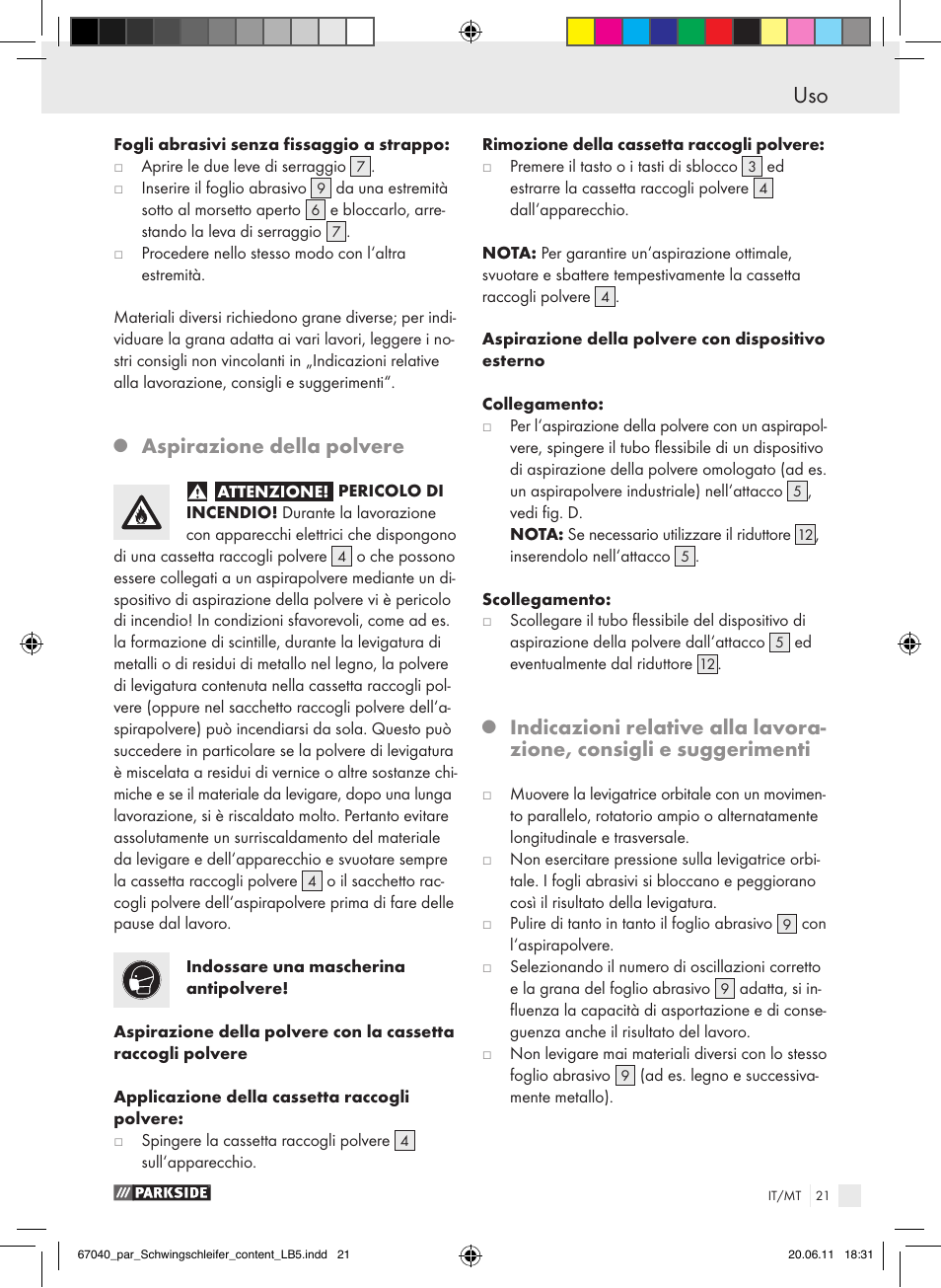 Aspirazione della polvere | Parkside PSS 250 A1 User Manual | Page 22 / 55