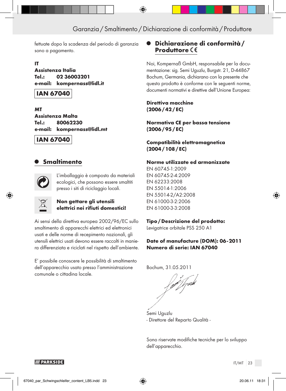 Smaltimento, Dichiarazione di conformità / produttore | Parkside PSS 250 A1 User Manual | Page 24 / 55