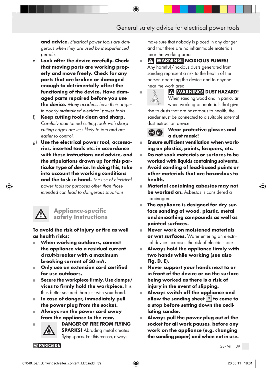 General safety advice for electrical power tools, Appliance-specific safety instructions | Parkside PSS 250 A1 User Manual | Page 40 / 55