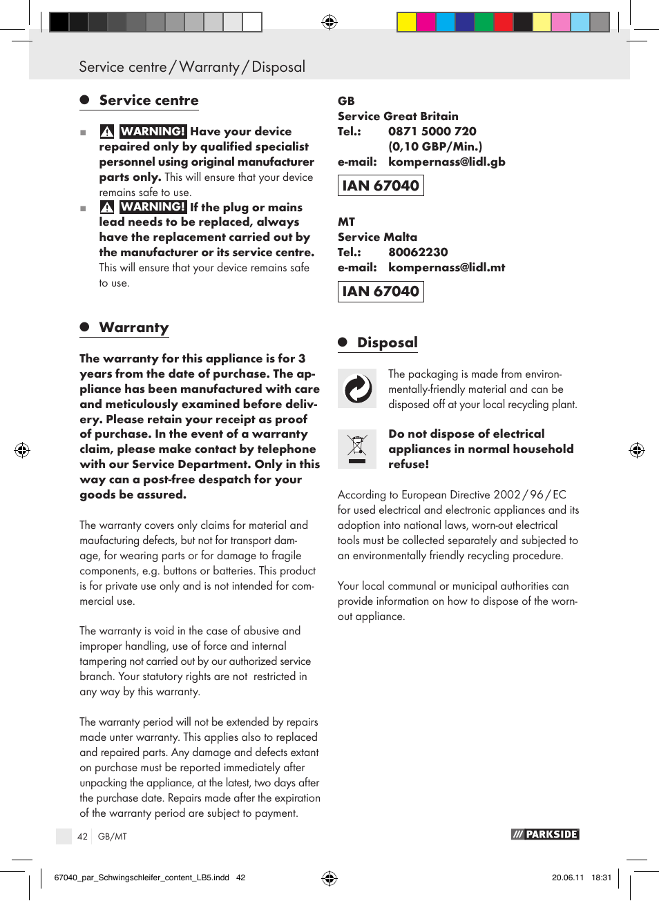 Service centre / warranty / disposal, Service centre, Warranty | Disposal | Parkside PSS 250 A1 User Manual | Page 43 / 55