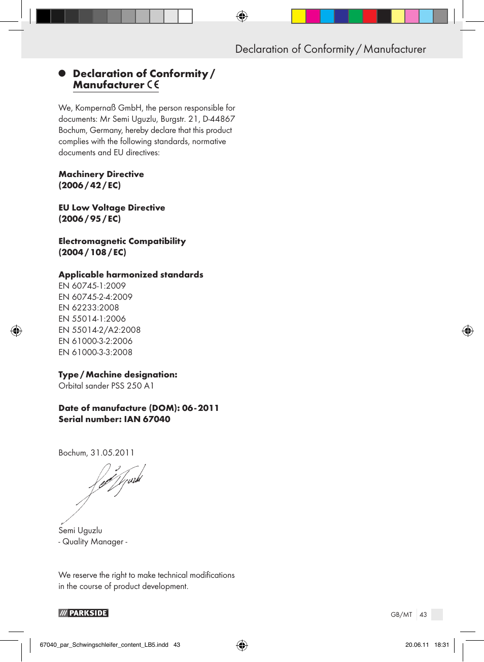 Declaration of conformity / manufacturer | Parkside PSS 250 A1 User Manual | Page 44 / 55