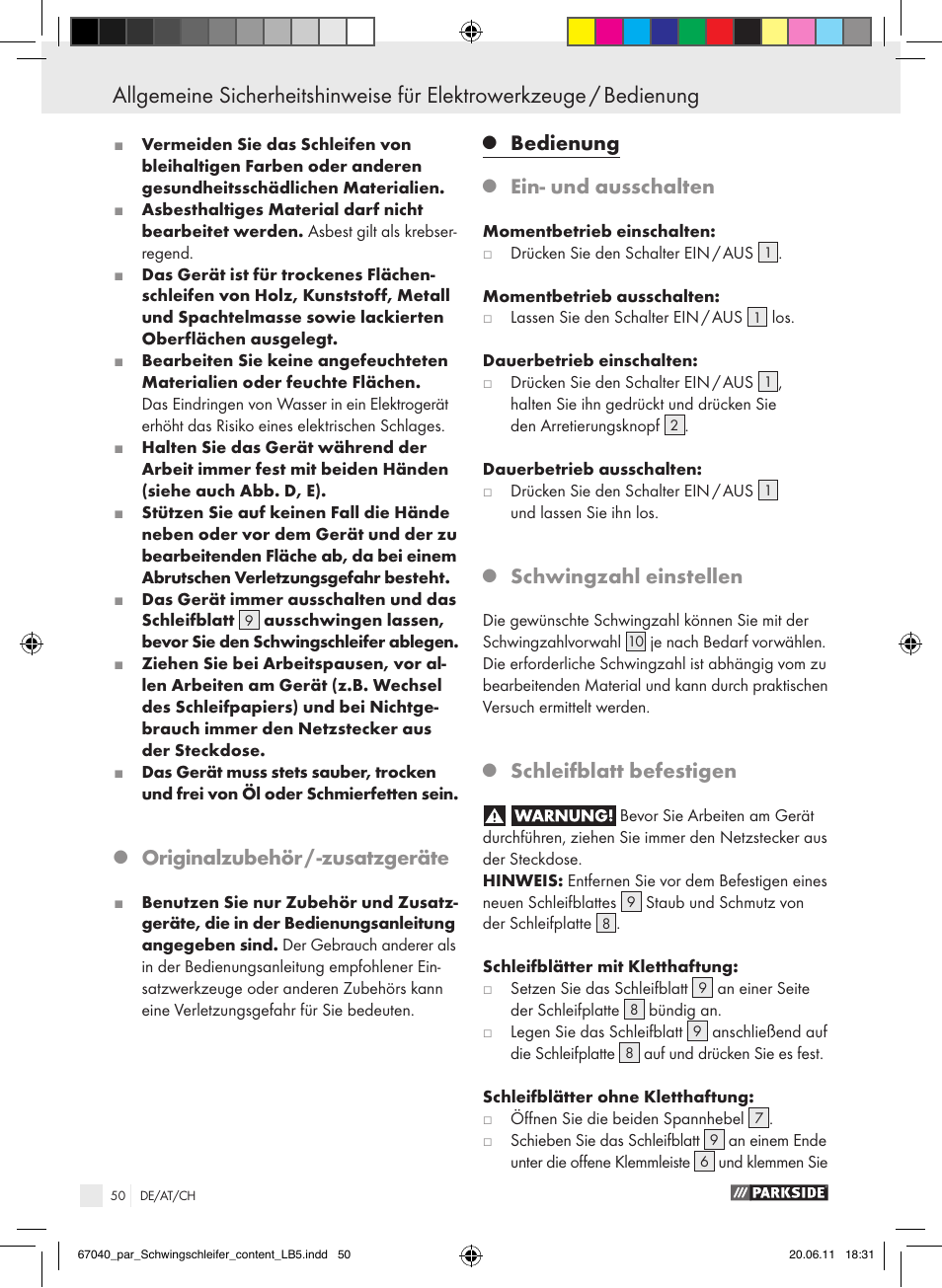 Originalzubehör / -zusatzgeräte, Bedienung, Ein- und ausschalten | Schwingzahl einstellen, Schleifblatt befestigen | Parkside PSS 250 A1 User Manual | Page 51 / 55