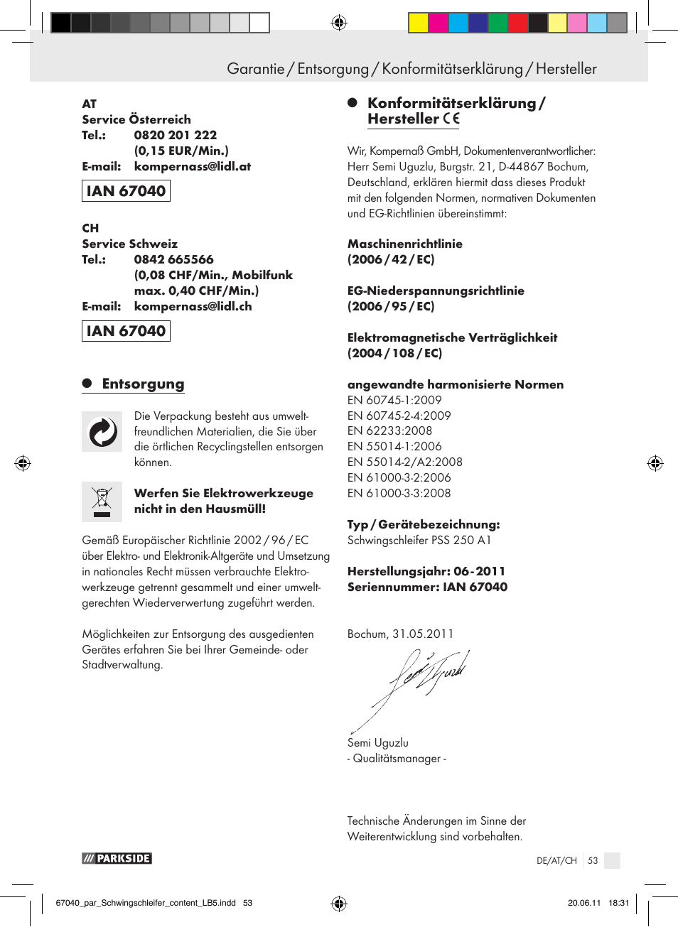 Entsorgung, Konformitätserklärung / hersteller | Parkside PSS 250 A1 User Manual | Page 54 / 55