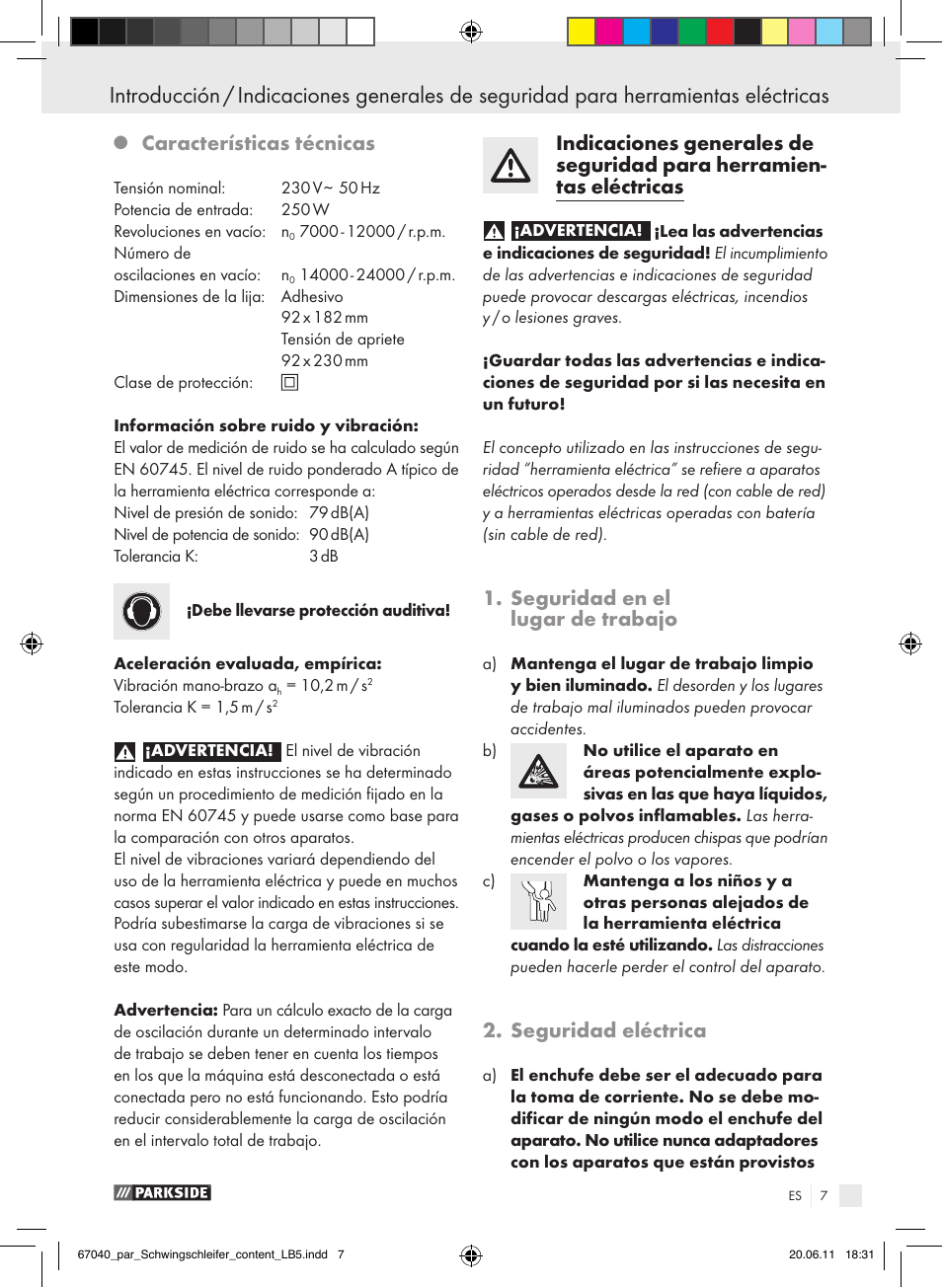 Características técnicas, Seguridad en el lugar de trabajo, Seguridad eléctrica | Parkside PSS 250 A1 User Manual | Page 8 / 55
