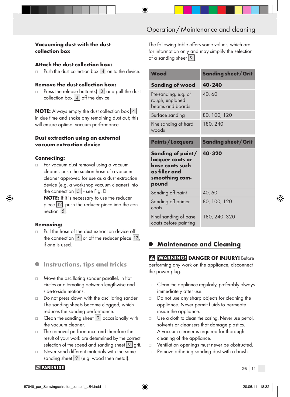 Operation / maintenance and cleaning, Instructions, tips and tricks, Maintenance and cleaning | Parkside PSS 250 A1 User Manual | Page 12 / 75