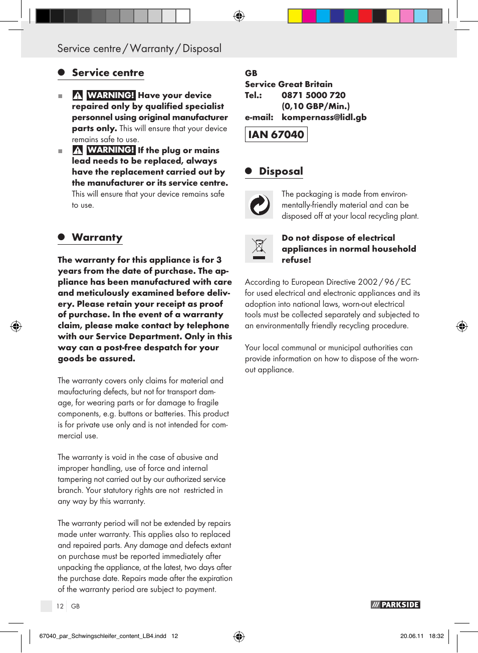 Service centre / warranty / disposal, Service centre, Warranty | Disposal | Parkside PSS 250 A1 User Manual | Page 13 / 75