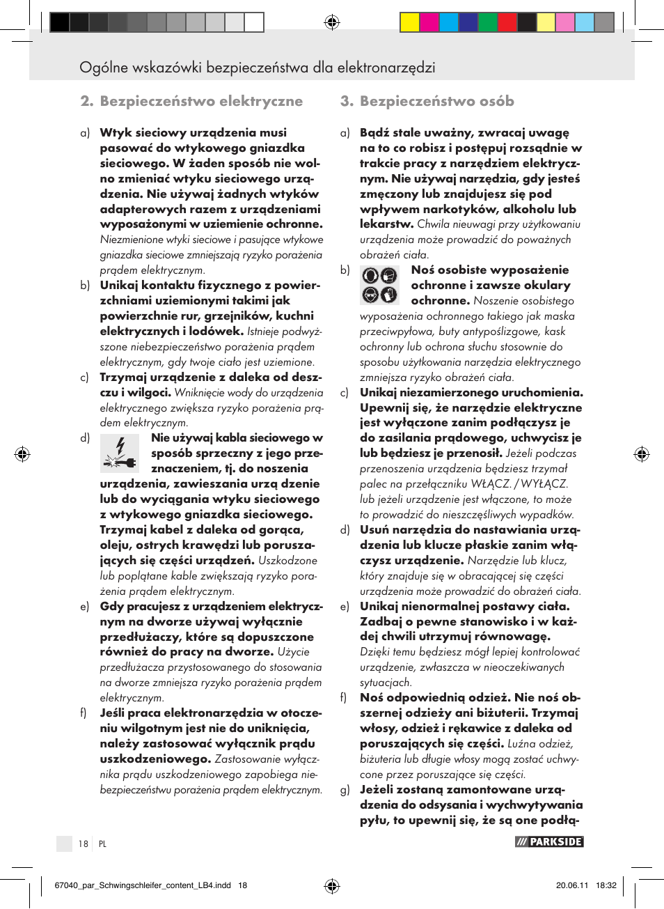 Bezpieczeństwo elektryczne, Bezpieczeństwo osób | Parkside PSS 250 A1 User Manual | Page 19 / 75