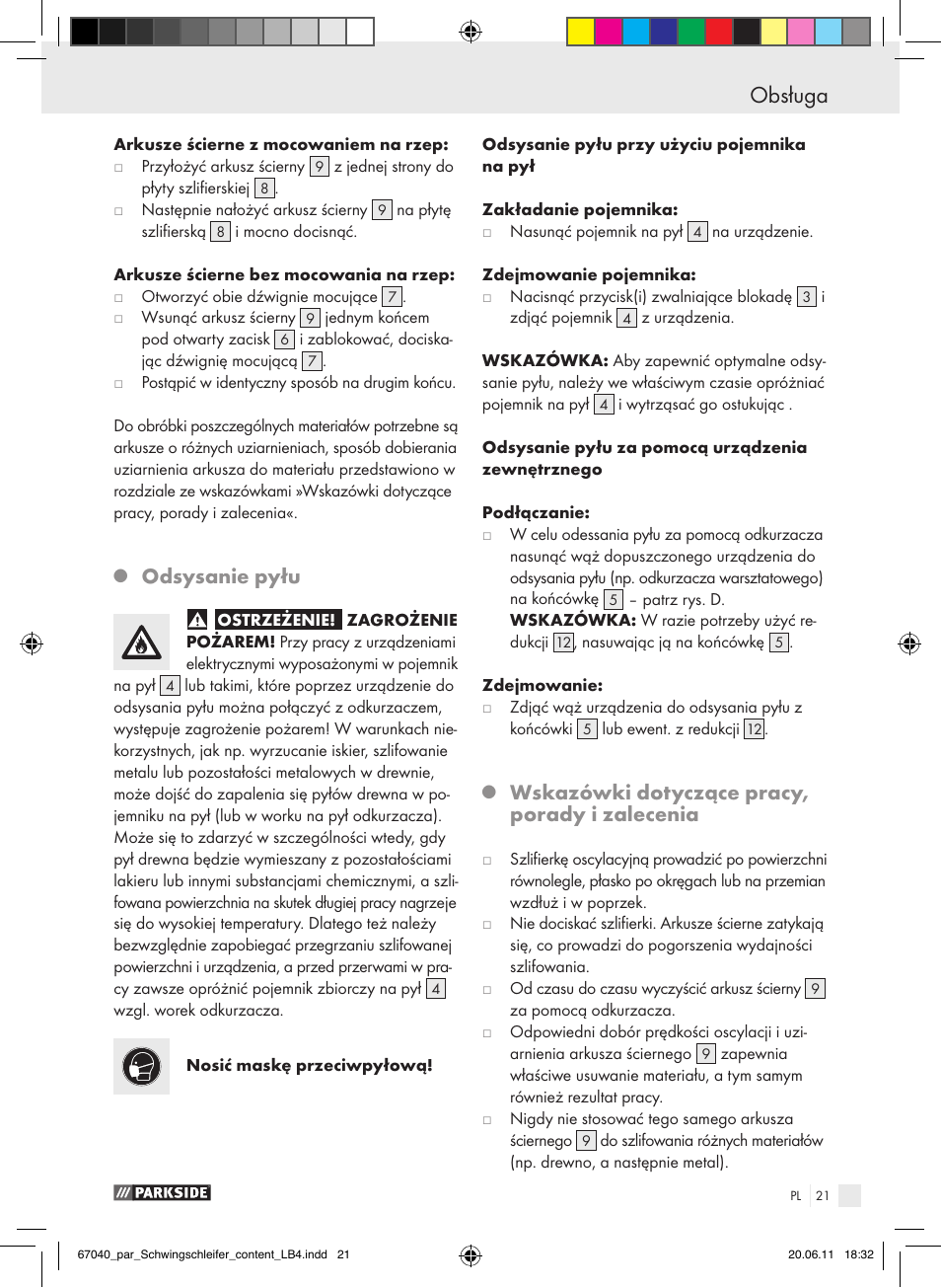 Obsługa, Odsysanie pyłu, Wskazówki dotyczące pracy, porady i zalecenia | Parkside PSS 250 A1 User Manual | Page 22 / 75