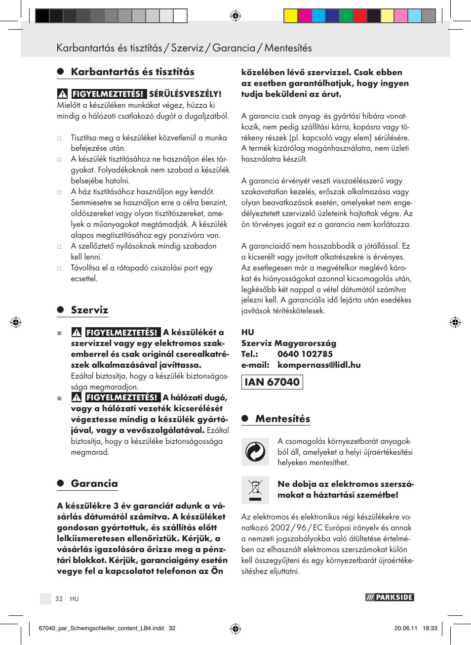 Karbantartás és tisztítás, Szerviz, Garancia | Mentesítés | Parkside PSS 250 A1 User Manual | Page 33 / 75