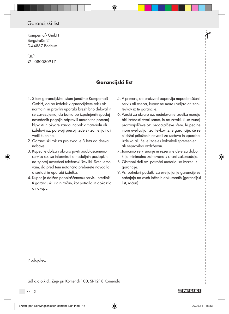 Garancijski list | Parkside PSS 250 A1 User Manual | Page 45 / 75