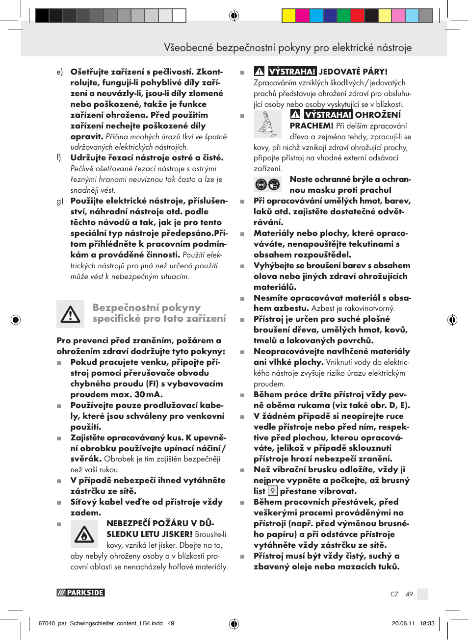 Bezpečnostní pokyny specifické pro toto zařízení | Parkside PSS 250 A1 User Manual | Page 50 / 75