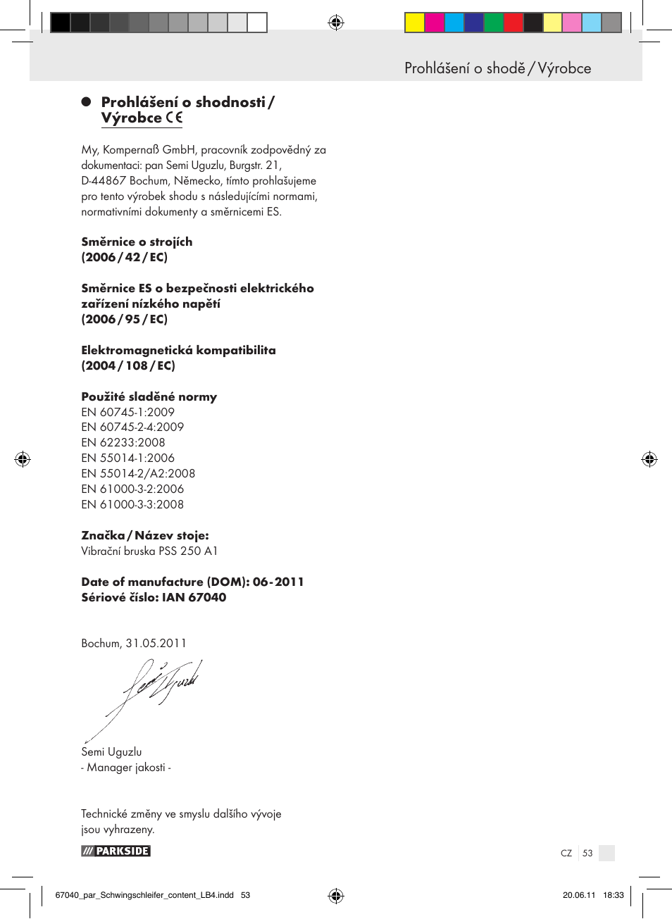 Prohlášení o shodě / výrobce, Prohlášení o shodnosti / výrobce | Parkside PSS 250 A1 User Manual | Page 54 / 75