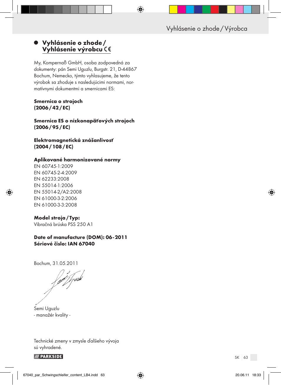 Vyhlásenie o zhode / výrobca, Vyhlásenie o zhode / vyhlásenie výrobcu | Parkside PSS 250 A1 User Manual | Page 64 / 75