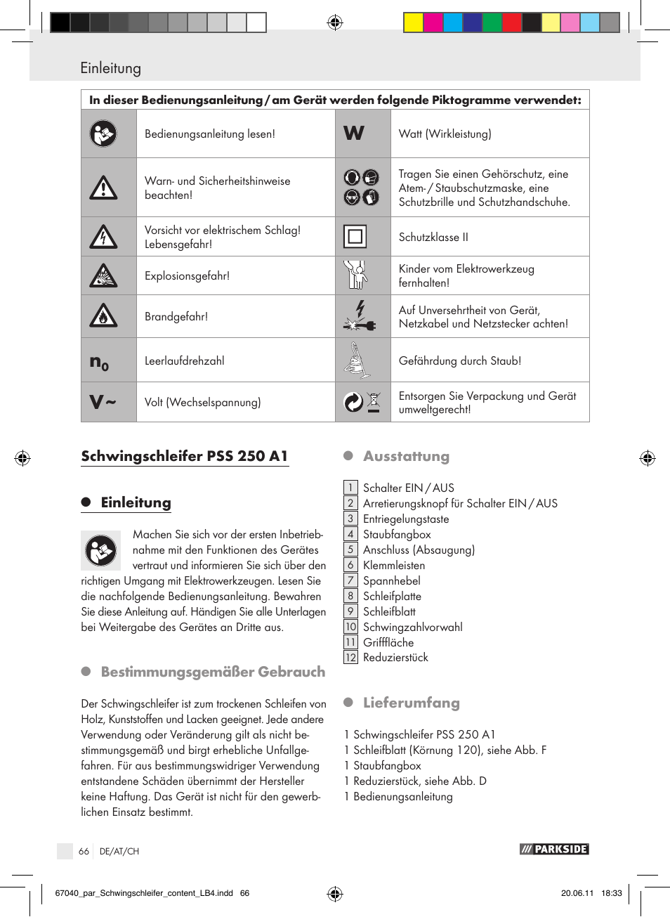 Schwingschleifer pss 250 a1, Einleitung, Bestimmungsgemäßer gebrauch | Ausstattung, Lieferumfang | Parkside PSS 250 A1 User Manual | Page 67 / 75