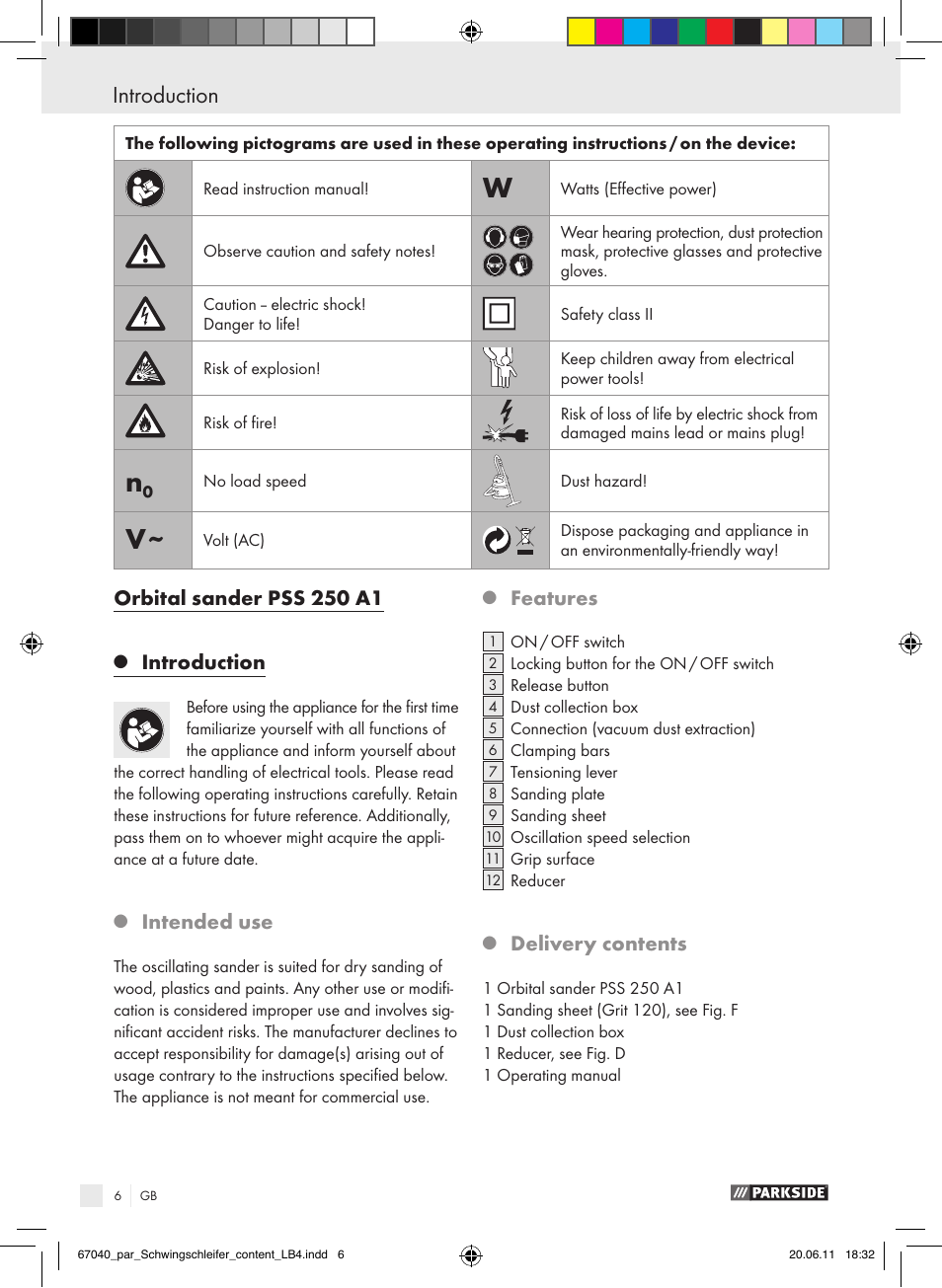 Orbital sander pss 250 a1, Introduction, Intended use | Features, Delivery contents | Parkside PSS 250 A1 User Manual | Page 7 / 75