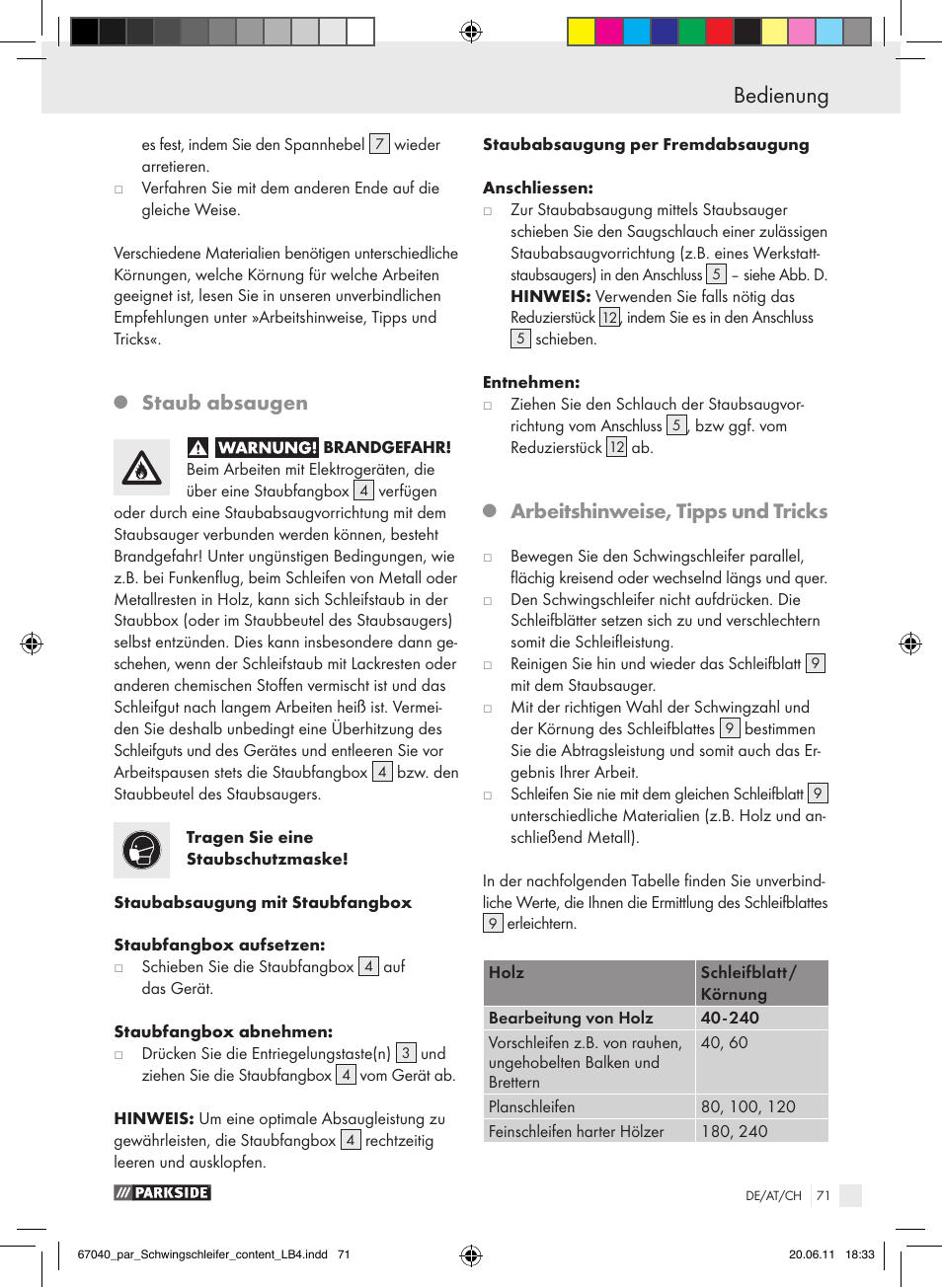 Bedienung, Staub absaugen, Arbeitshinweise, tipps und tricks | Parkside PSS 250 A1 User Manual | Page 72 / 75