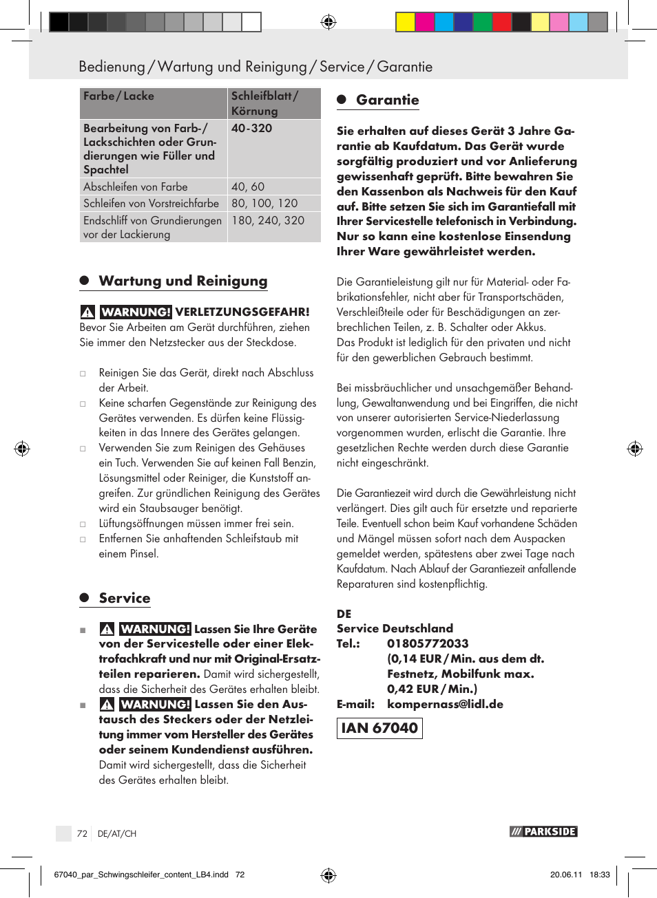 Wartung und reinigung, Service, Garantie | Parkside PSS 250 A1 User Manual | Page 73 / 75