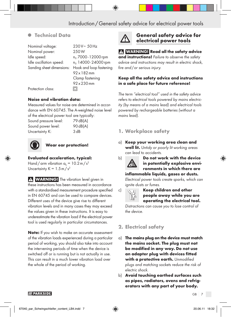 Technical data, General safety advice for electrical power tools, Workplace safety | Electrical safety | Parkside PSS 250 A1 User Manual | Page 8 / 75