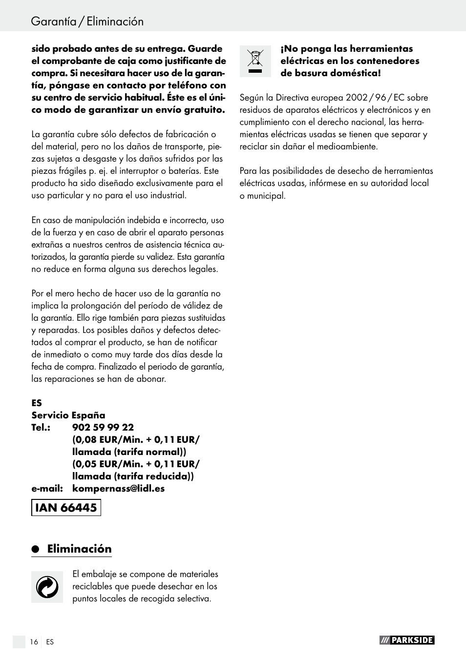 Declaración de conformidad / fabricante, Garantía / eliminación, Eliminación | Parkside PMGS 12 A1 User Manual | Page 16 / 70