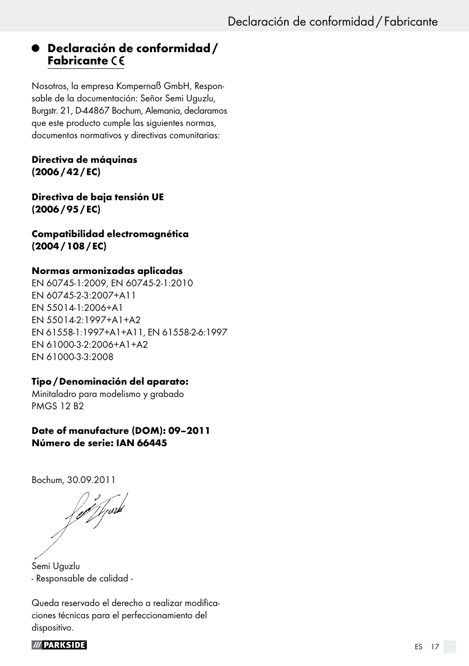 Declaración de conformidad / fabricante | Parkside PMGS 12 A1 User Manual | Page 17 / 70