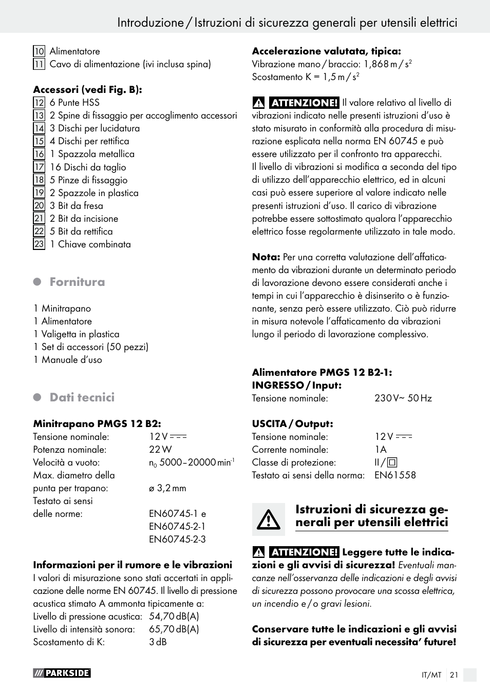 Fornitura, Dati tecnici | Parkside PMGS 12 A1 User Manual | Page 21 / 70