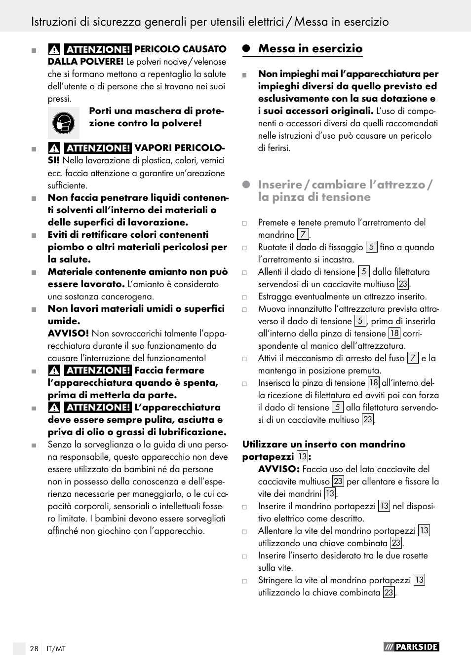 Messa in esercizio | Parkside PMGS 12 A1 User Manual | Page 28 / 70