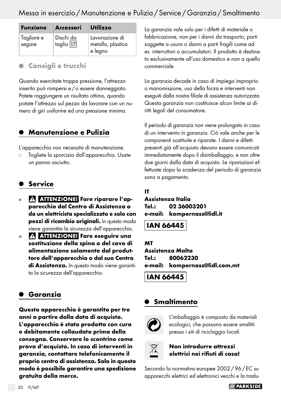 Consigli e trucchi, Manutenzione e pulizia, Service | Garanzia, Smaltimento | Parkside PMGS 12 A1 User Manual | Page 30 / 70