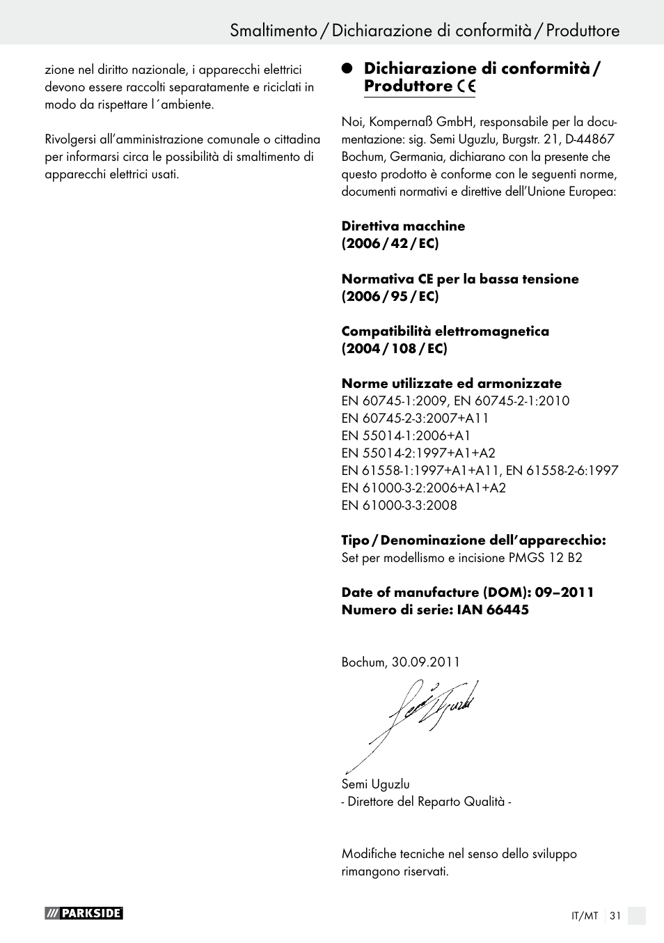 Dichiarazione di conformità / produttore | Parkside PMGS 12 A1 User Manual | Page 31 / 70