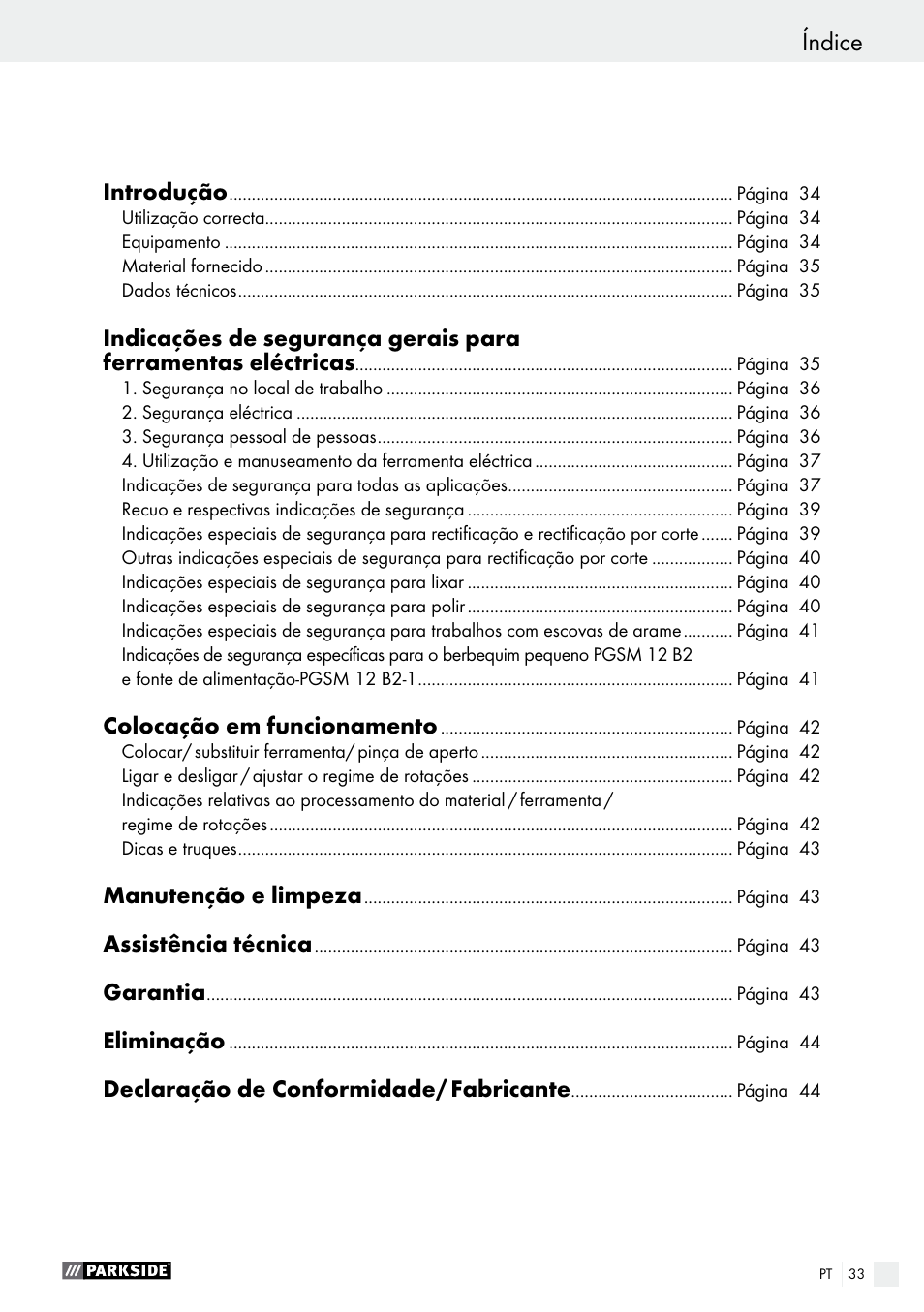 Índice | Parkside PMGS 12 A1 User Manual | Page 33 / 70