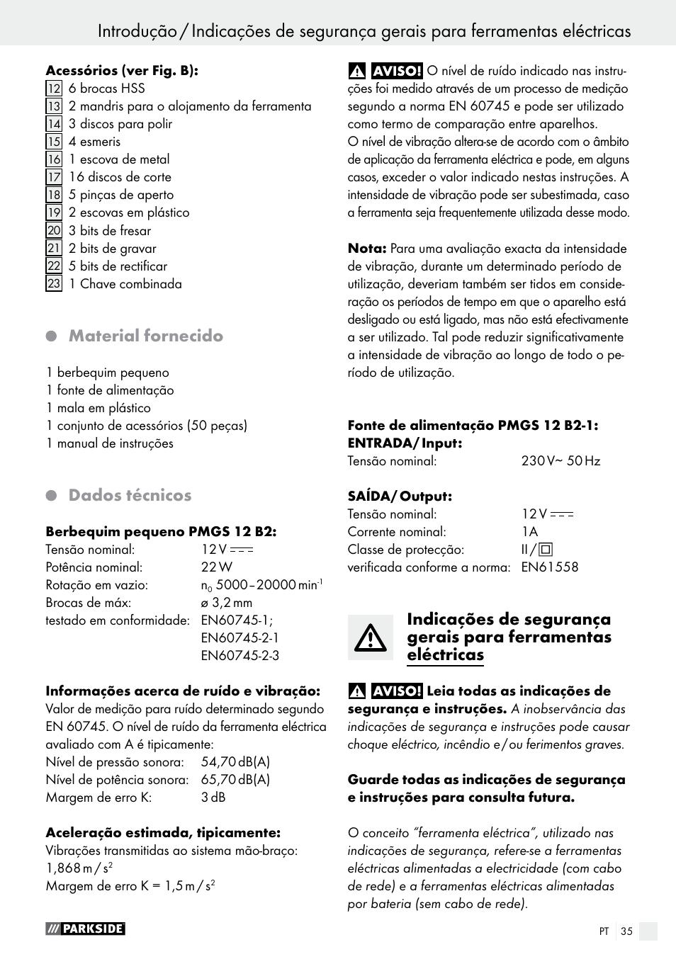 Material fornecido, Dados técnicos | Parkside PMGS 12 A1 User Manual | Page 35 / 70