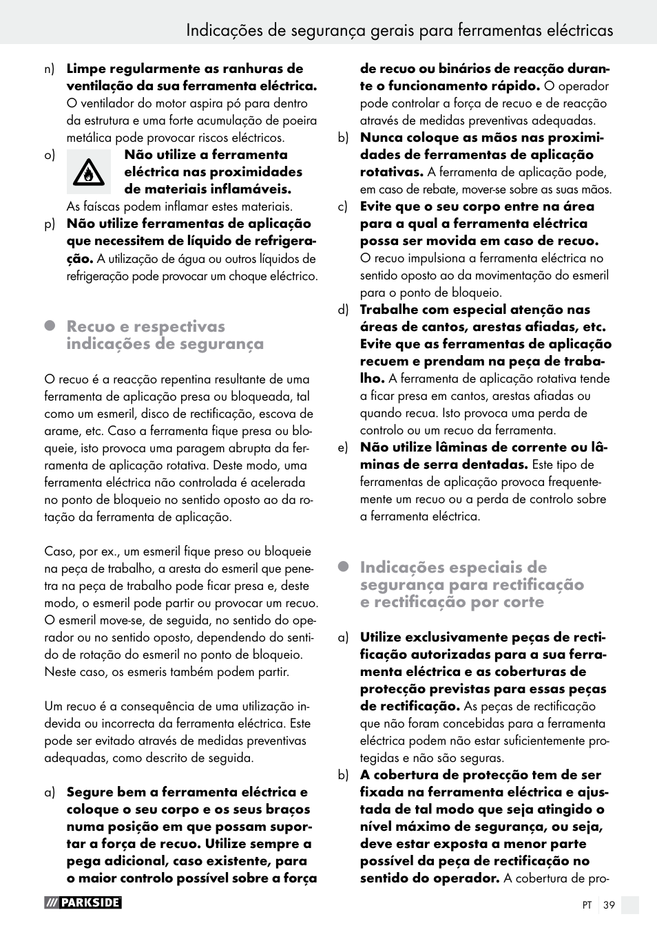 Recuo e respectivas indicações de segurança | Parkside PMGS 12 A1 User Manual | Page 39 / 70