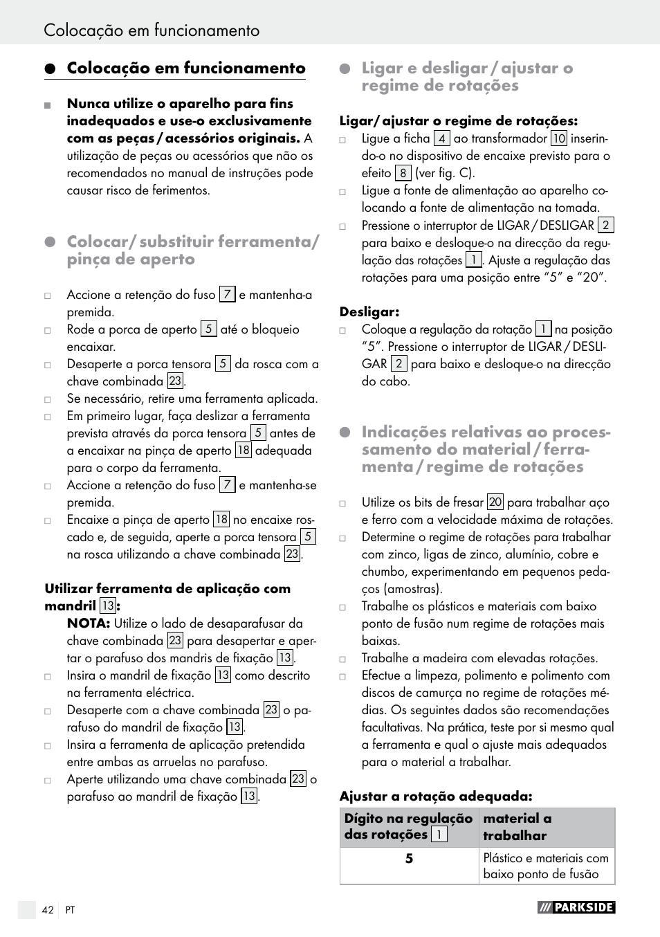 Colocação em funcionamento, Colocar/ substituir ferramenta/ pinça de aperto, Ligar e desligar / ajustar o regime de rotações | Parkside PMGS 12 A1 User Manual | Page 42 / 70