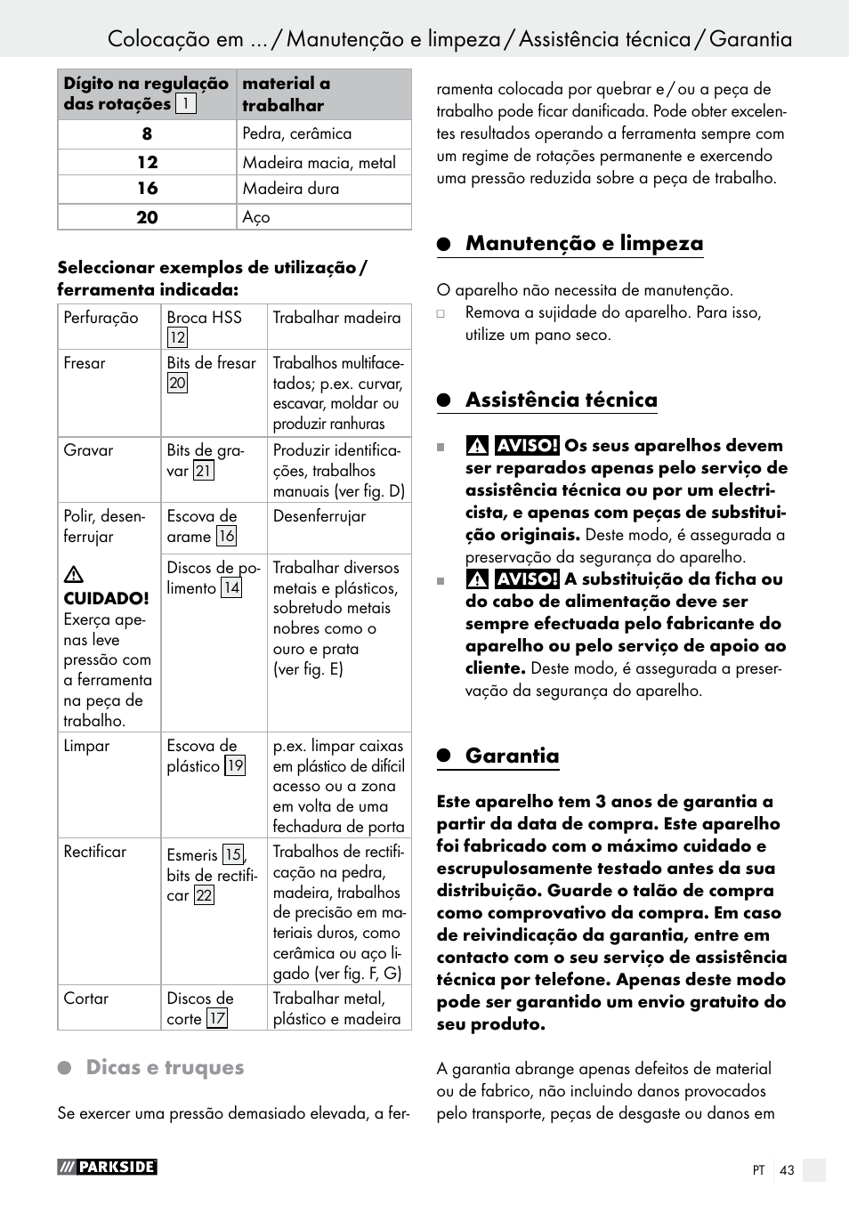 Dicas e truques, Manutenção e limpeza, Assistência técnica | Garantia | Parkside PMGS 12 A1 User Manual | Page 43 / 70