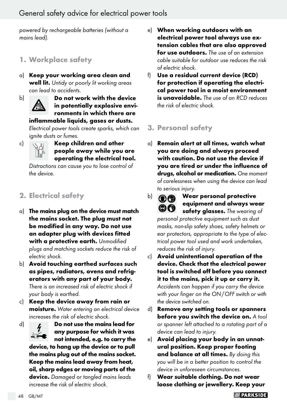 General safety advice for electrical power tools, Workplace safety, Electrical safety | Personal safety | Parkside PMGS 12 A1 User Manual | Page 48 / 70