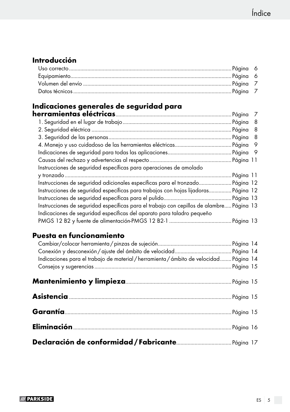 Índice | Parkside PMGS 12 A1 User Manual | Page 5 / 70