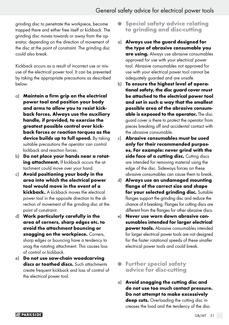 General safety advice for electrical power tools, Further special safety advice for disc-cutting | Parkside PMGS 12 A1 User Manual | Page 51 / 70