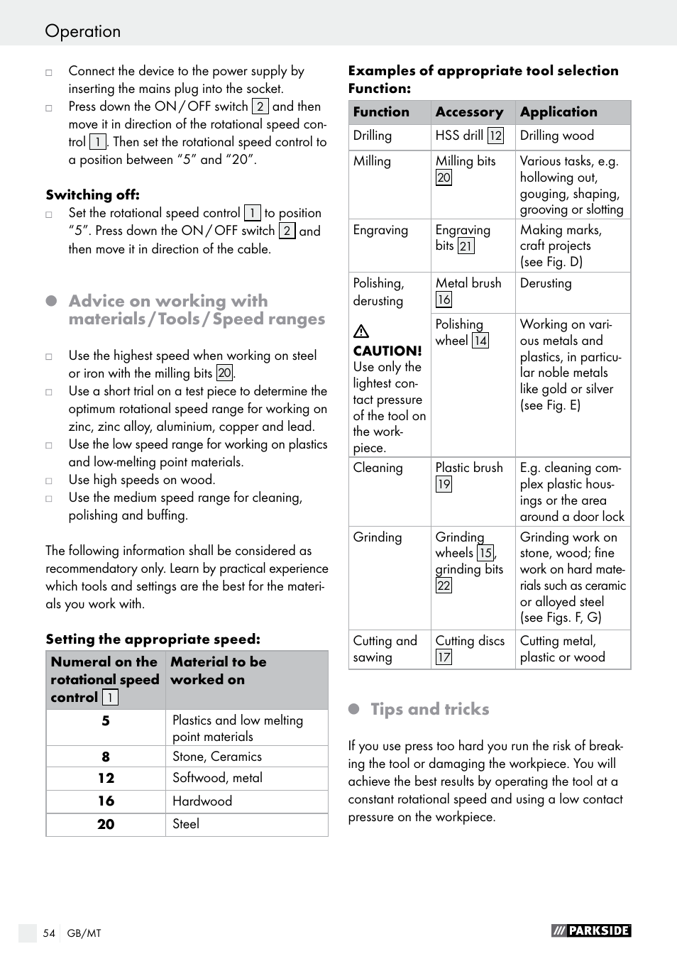 Tips and tricks | Parkside PMGS 12 A1 User Manual | Page 54 / 70