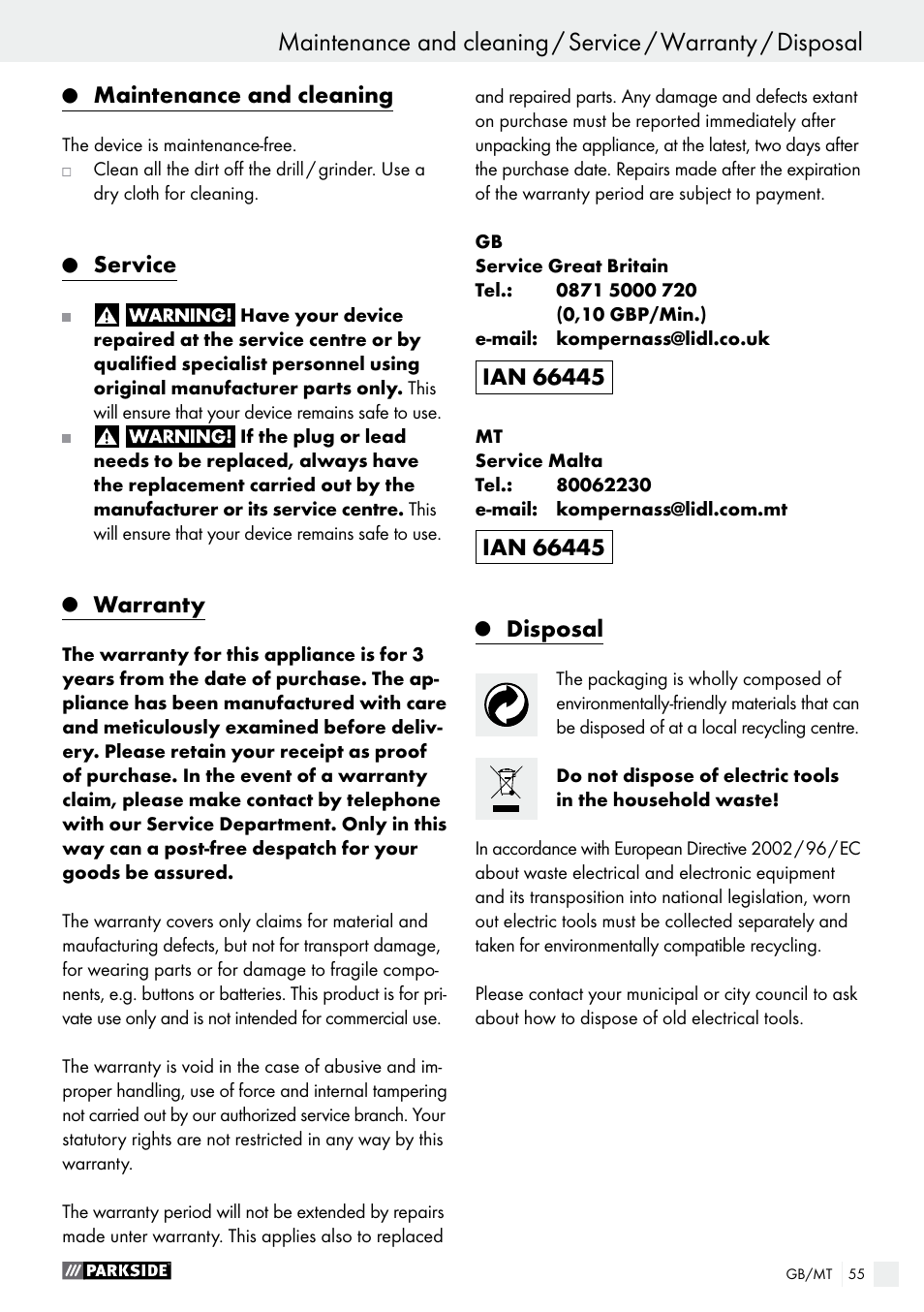 Maintenance and cleaning, Service, Warranty | Disposal | Parkside PMGS 12 A1 User Manual | Page 55 / 70