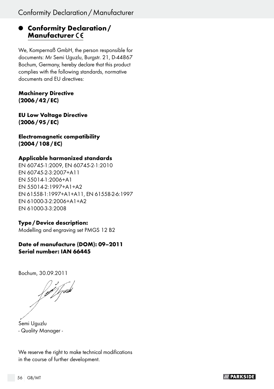 Conformity declaration / manufacturer | Parkside PMGS 12 A1 User Manual | Page 56 / 70